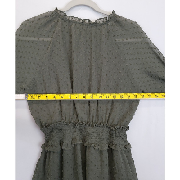 Skies Are Blue Short Dress Tired Ruffled Peasant Sleeve Smocked Women XS Olive‎ - Picture 7 of 12